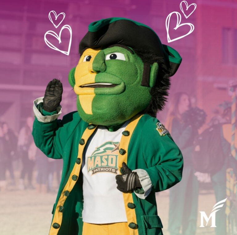 A picture of the Mason Patriot with hearts around him
