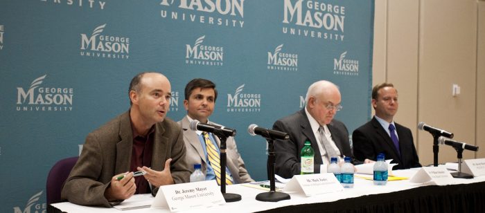 (L to R) Dr. Jeremy Mayer, School of Public Policy Associate Professor, Mark Tooley, President of the Institute on Religion and Democracy, Dr. William Schneider, Omer L. & Nacy Hirst Endowed Chair, GMU School of Public Policy, and David Mark, Senior Editor, Politico, at Pizza and Perspectives, Arlington Campus sponsered by University Life Arlington.  Alexis Glenn/Creative Services/George Mason University