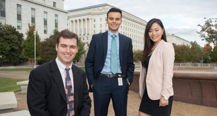 (L to R) Samuel Moore-Sobel, Luis Parrado, and Dana Moon serve internships in congressional offices on Capitol Hill in Washington DC. Photo by Alexis Glenn/Creative Services/George Mason University