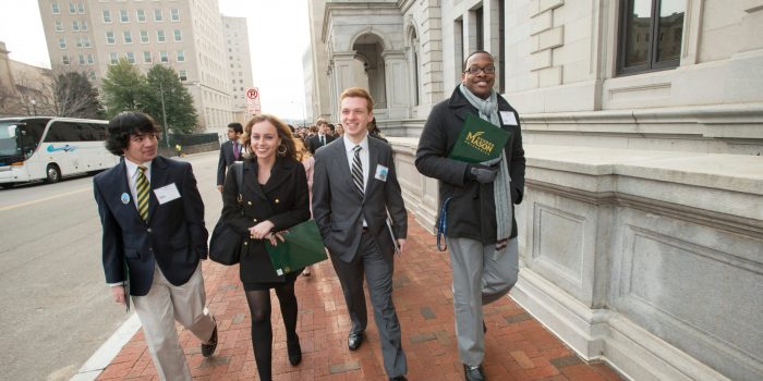 Students prepare to enter the Virginia State Capitol for Mason Lobby Day in Richmond. Photo by Alexis Glenn/Creative Services/George Mason University